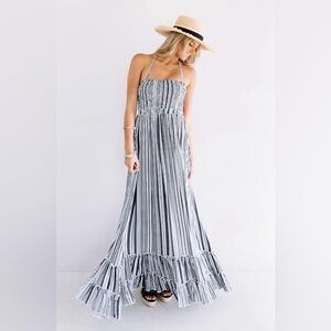 New Black and White Striped Halter Maxi Dress size M